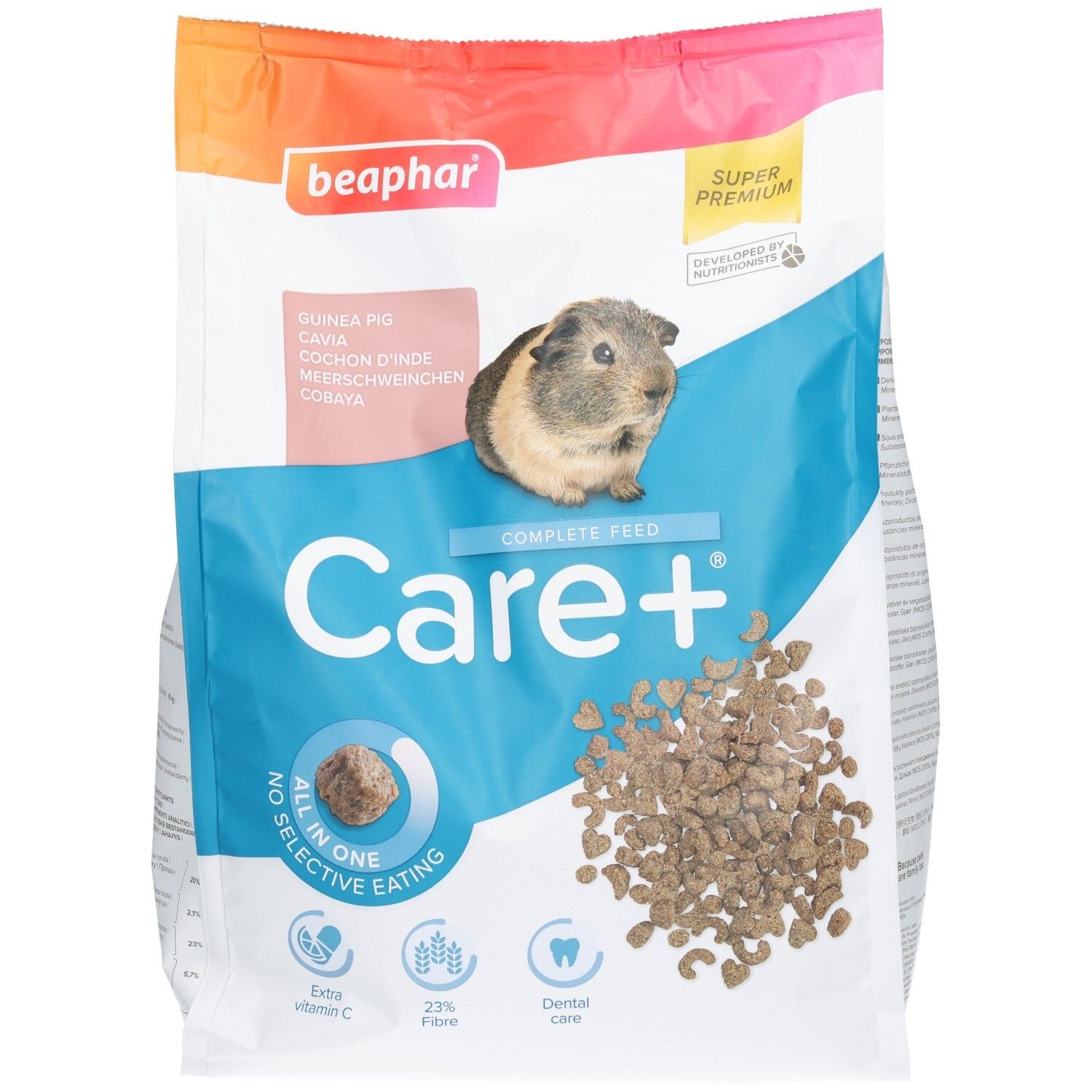 Beaphar Care+ Meerschweinchenfutter, 1,5kg Beutel, Vorderseite mit Meerschweinchen-Bild und Produktmerkmalen.