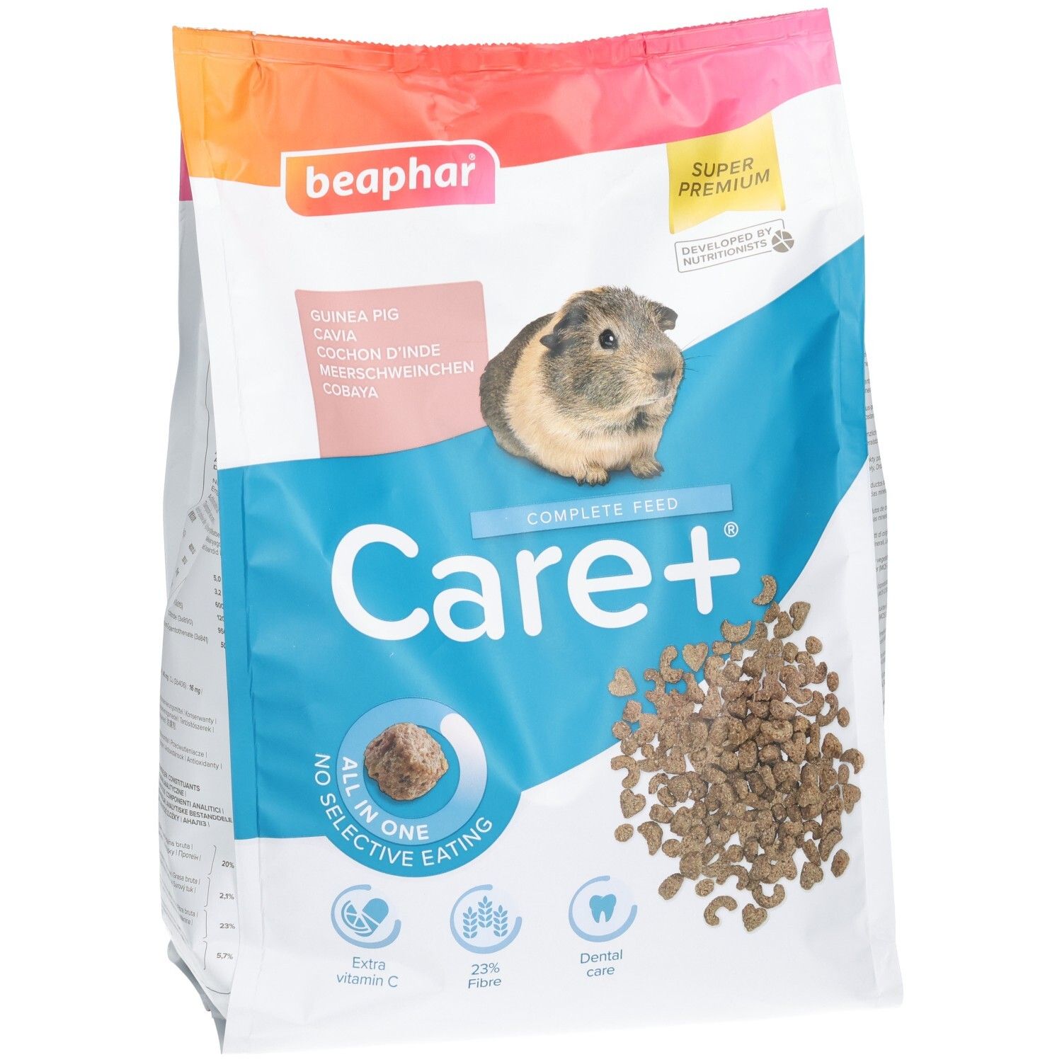 Vorderansicht des Beaphar Care+ Meerschweinchenfuttersacks, 1,5kg, mit Fokus auf Futterpellets und Design.