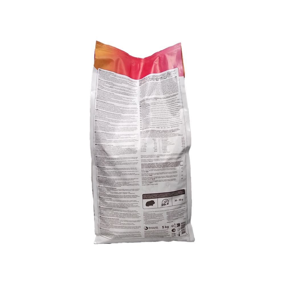 Arrière d'un sac Beaphar Care+ Cavia 5kg avec informations sur l'alimentation et les ingrédients.
