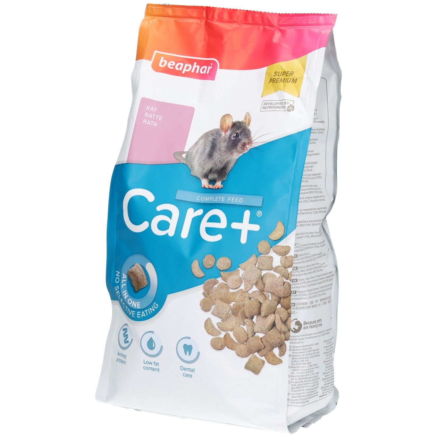 Beutel mit Rattenfutter, Marke Care+, mit Abbildung einer Ratte und Futterbrocken.