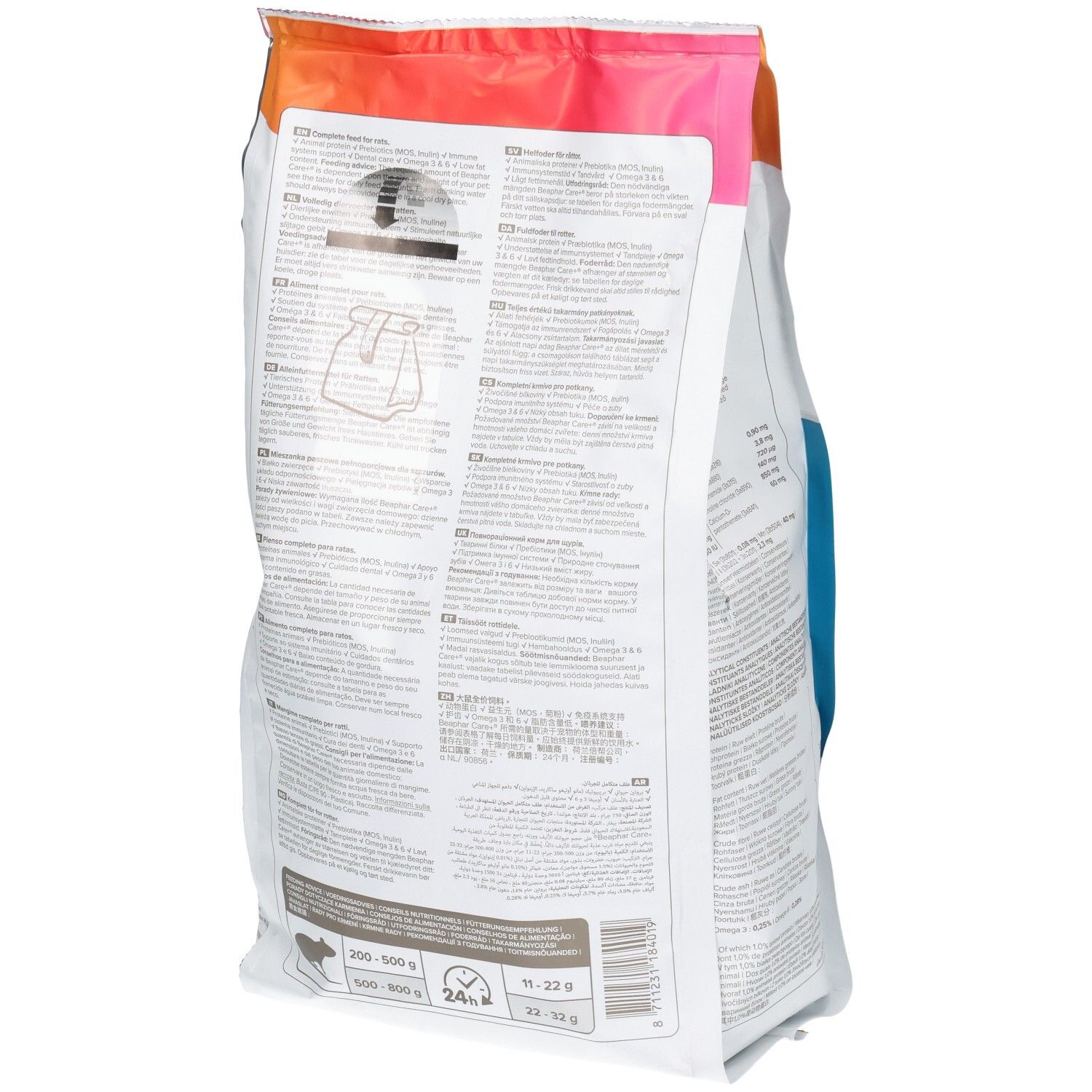Rückseite eines Beutels mit Rattenfutter, Marke Care+, mit Zubereitungsanleitung und Nährwertangaben.