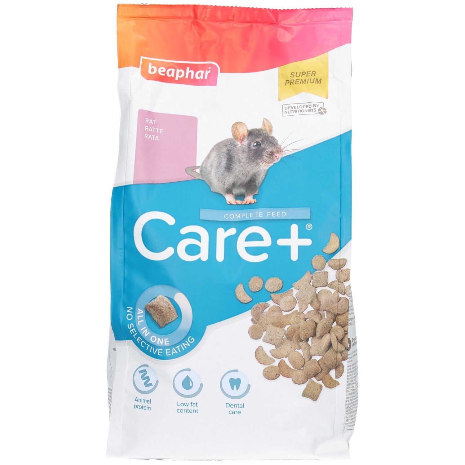 Beutel mit Rattenfutter, Marke Care+, mit Abbildung einer Ratte und Futterbrocken.