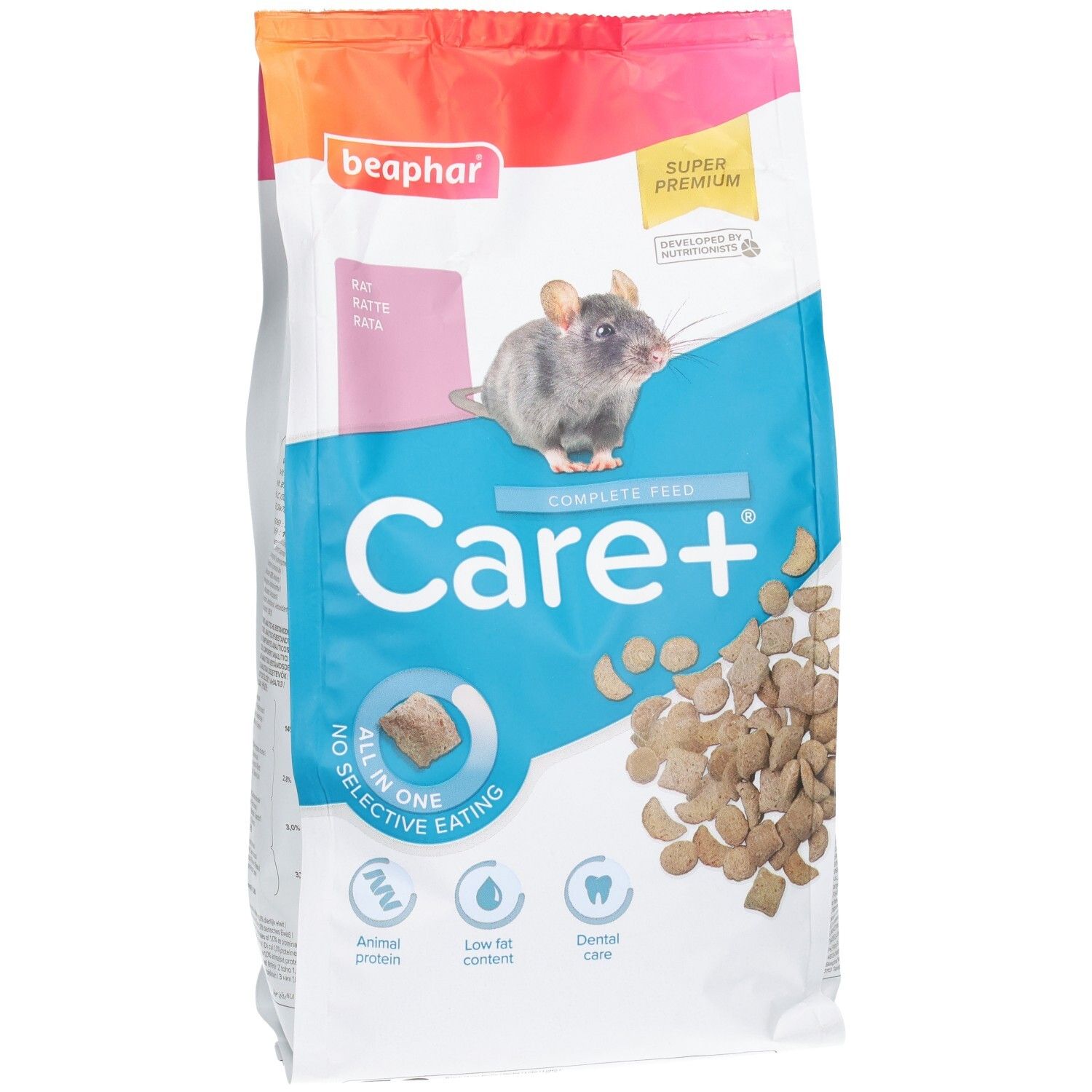 Beutel mit Rattenfutter, Marke Care+, mit Abbildung einer Ratte und Futterbrocken.
