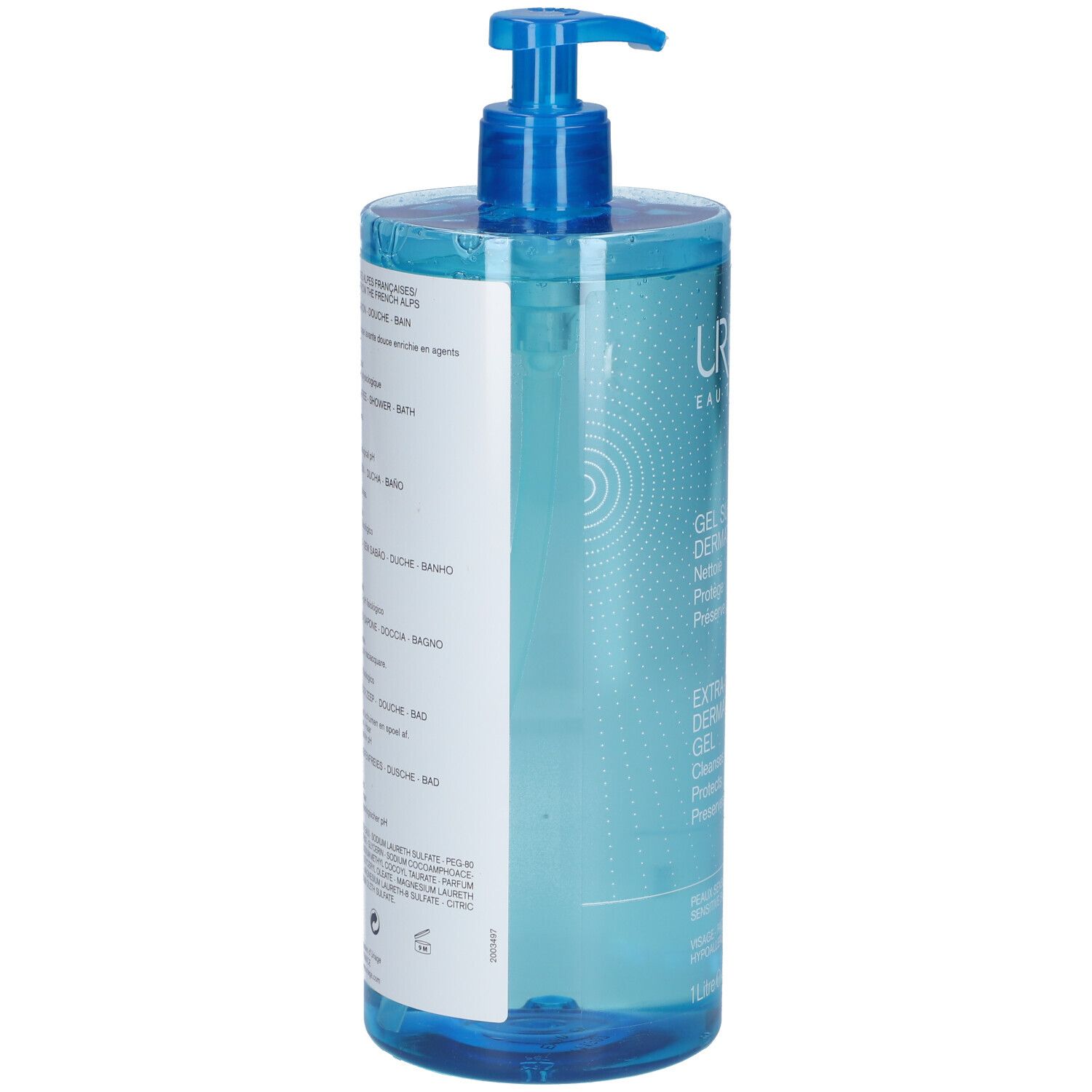 Rückseite der Flasche. Uriage Gel surgras dermatologique. Text in mehreren Sprachen.