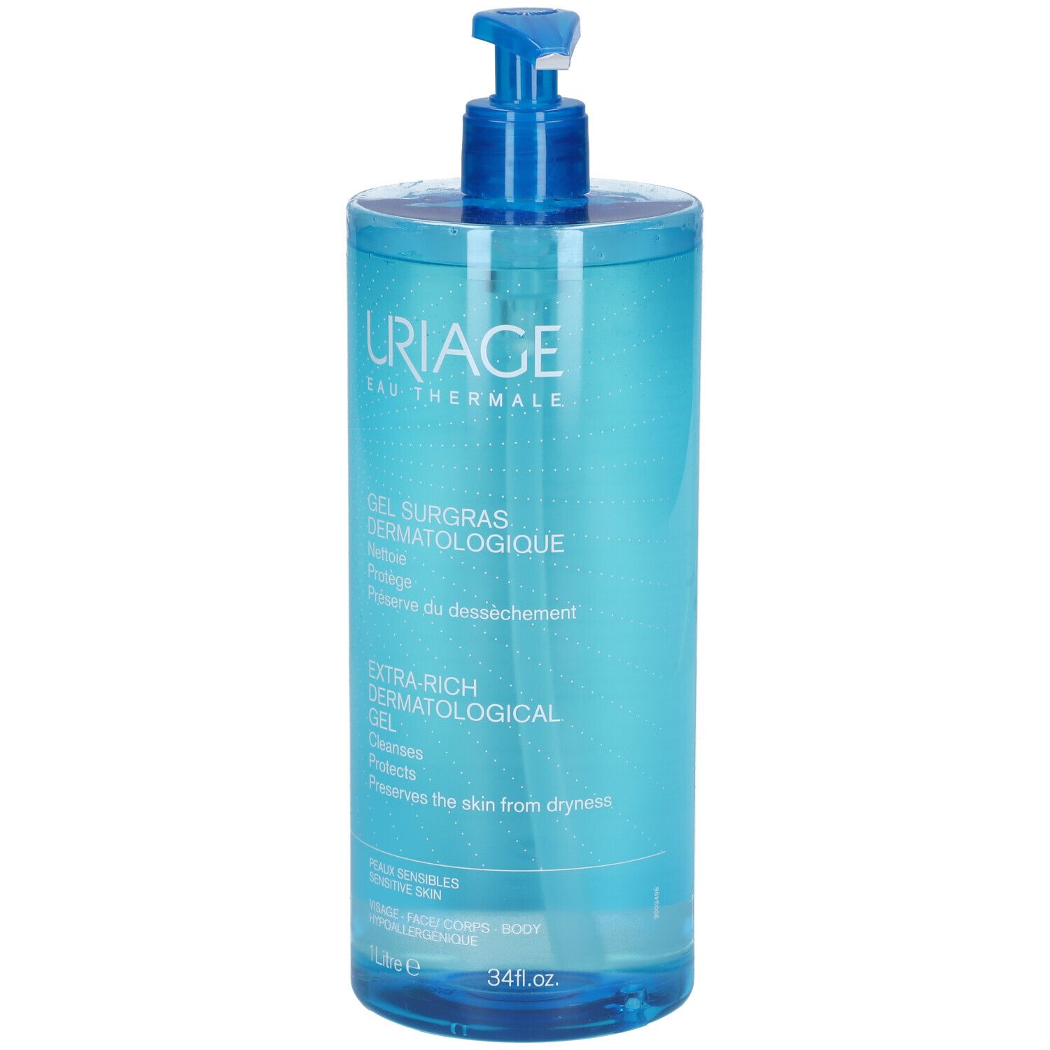 Blaue Flasche mit Pumpe. Uriage-Logo. Produktbezeichnungen. 1 Liter. 34 fl.oz.