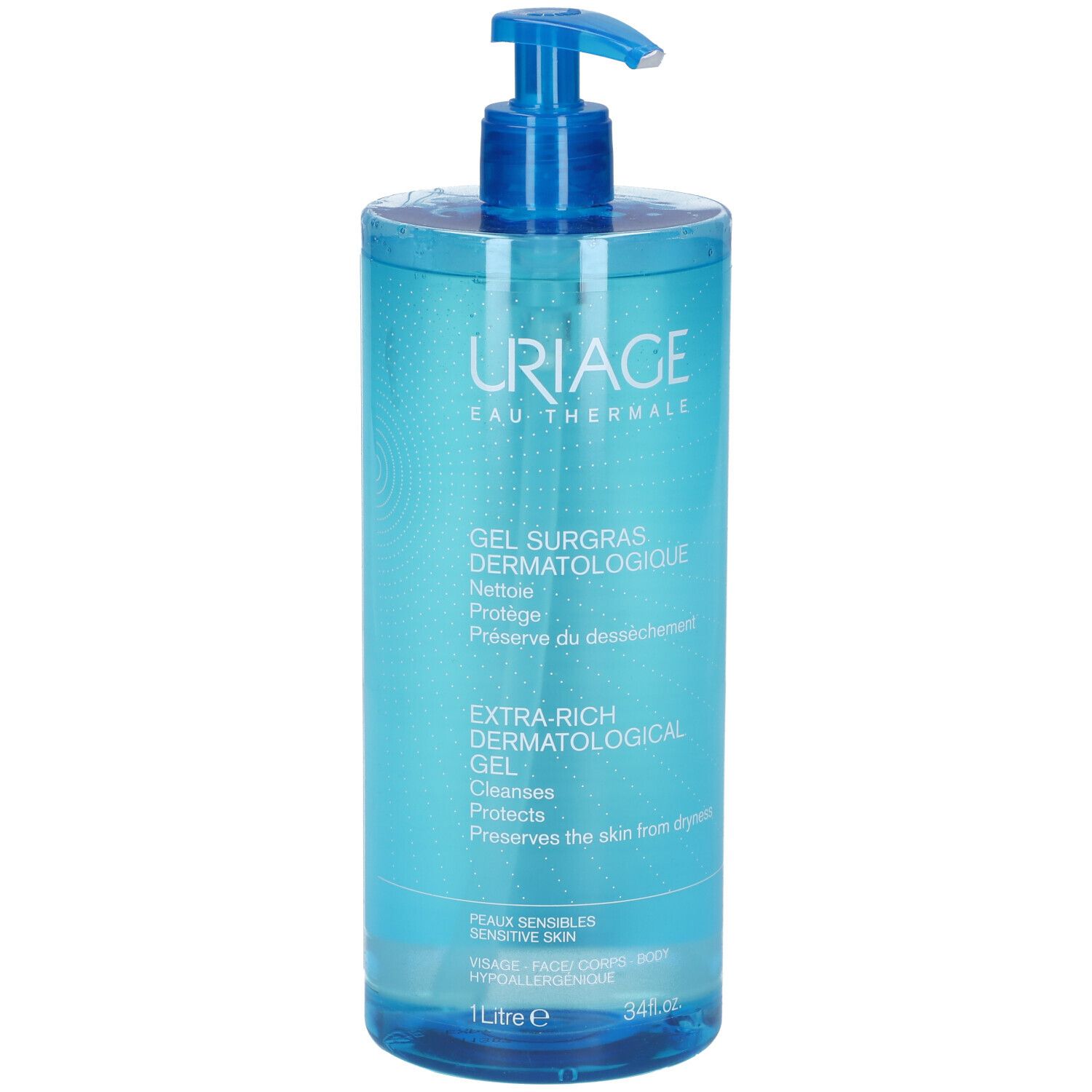 Blauwe Flasche mit Pumpe. Uriage Gel surgras dermatologique. Extra-reich dermatologisches Reinigungsgel.