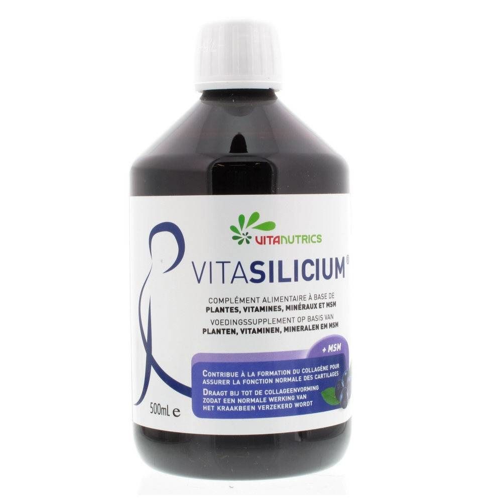 Dunkle Flasche mit weißem Deckel. Auf dem Etikett steht "Vitanutrics Vita-Silicium". Text in Französisch und Niederländisch.