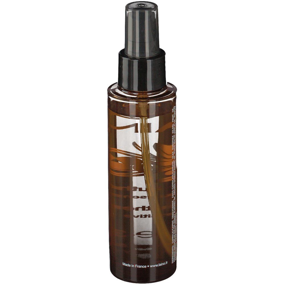 Braune Sprühflasche mit schwarzem Sprühkopf. Etikett mit Produktinformationen. Aufschrift: LAINO, L'huile authentique.