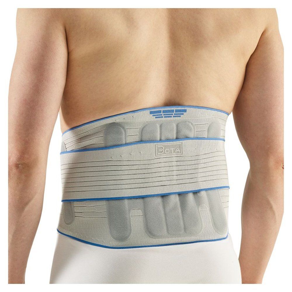Ceinture dorsale Bota Lumbota CRX Extra Large Grau. Bandage gris avec détails bleus, vue arrière.