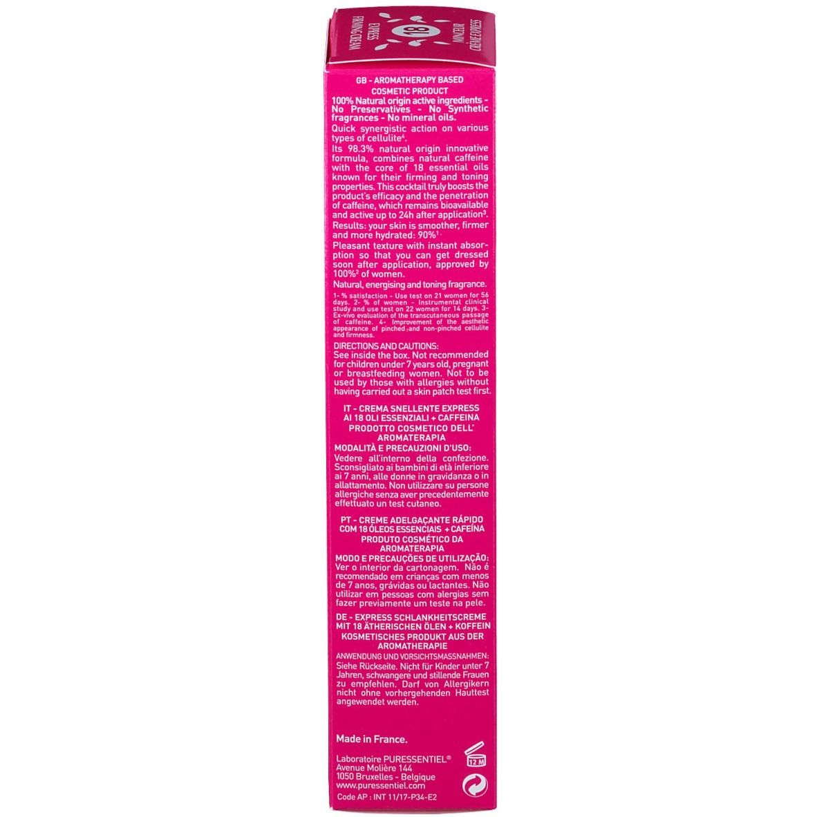 Rückseite der Produktverpackung. Text in mehreren Sprachen. Enthält Informationen zu Inhaltsstoffen und Anwendung.