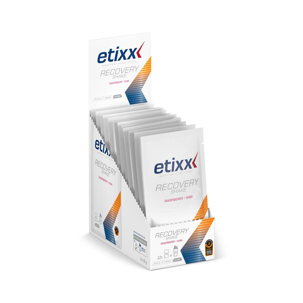 Etixx Recovery Shake Himbeer/Kiwi in Display-Box. Geöffnete Box mit einzelnen Sachets.