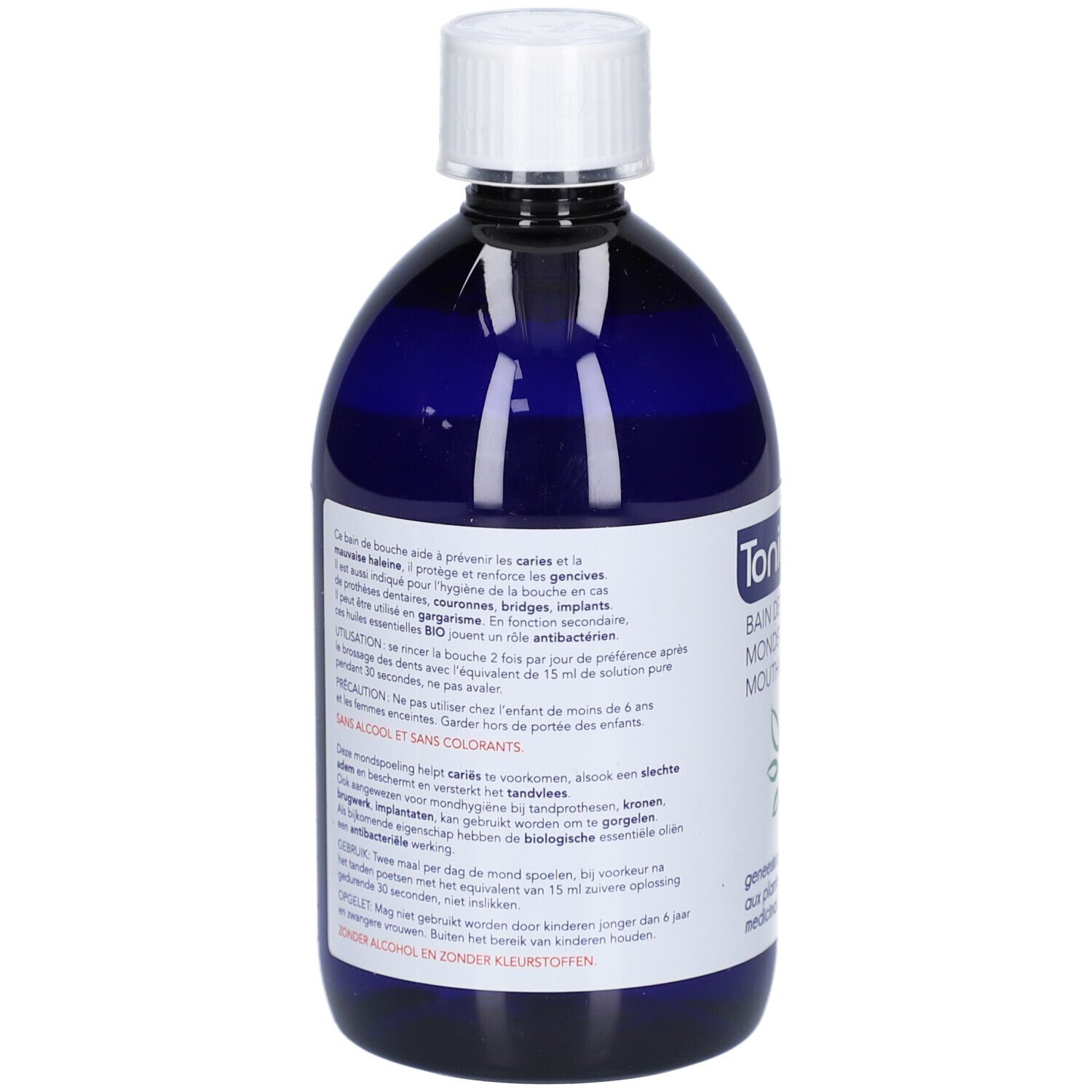 Dos du flacon bleu. Texte multilingue. Contient des informations sur l'utilisation et les ingrédients.