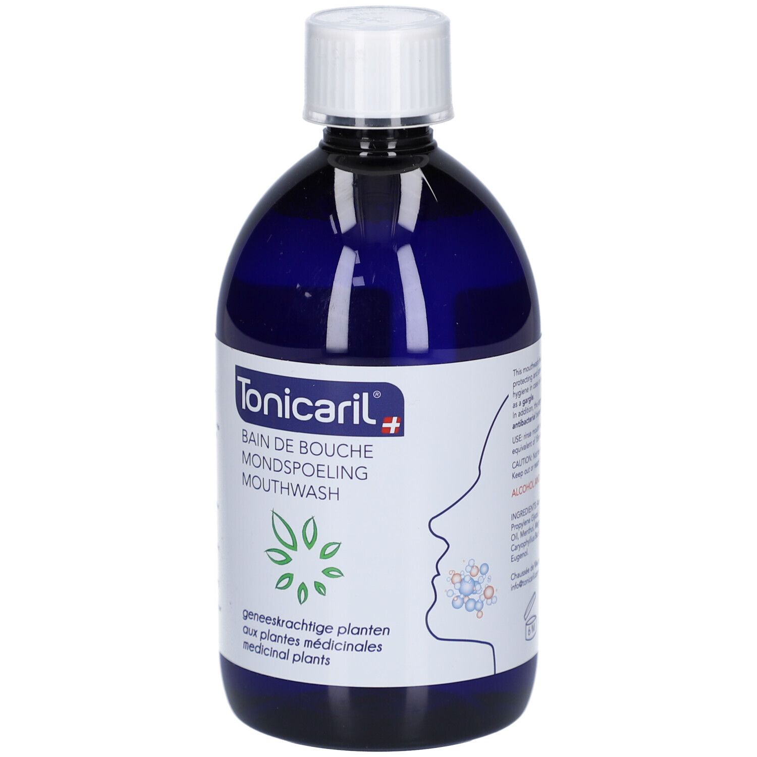Flacon bleu avec bouchon blanc. Inscription: Tonicaril, Bain de Bouche, Mouthwash. Symbole de plantes et graphique bouche.