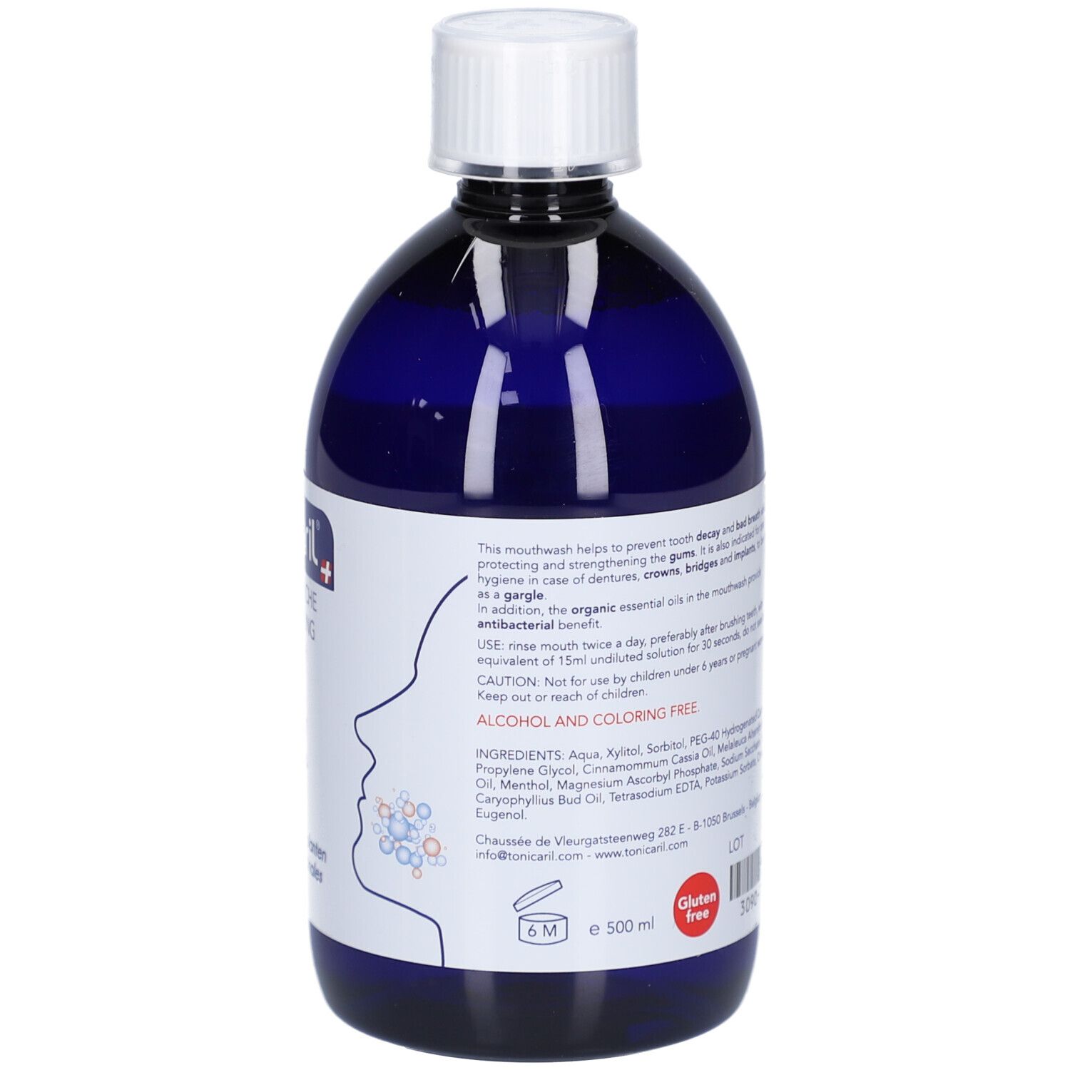 Flacon bleu avec bouchon blanc. Inscription: Tonicaril, Bain de Bouche, Mouthwash. Graphique bouche et ingrédients.