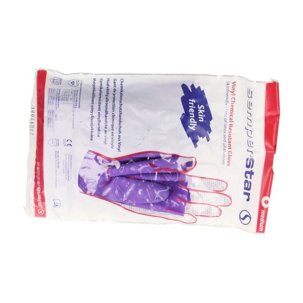 Paquet de gants de jardin violets. Inscriptions: Semperstar, Vinyl Chemical Resistant Glove, Skin friendly, medium.