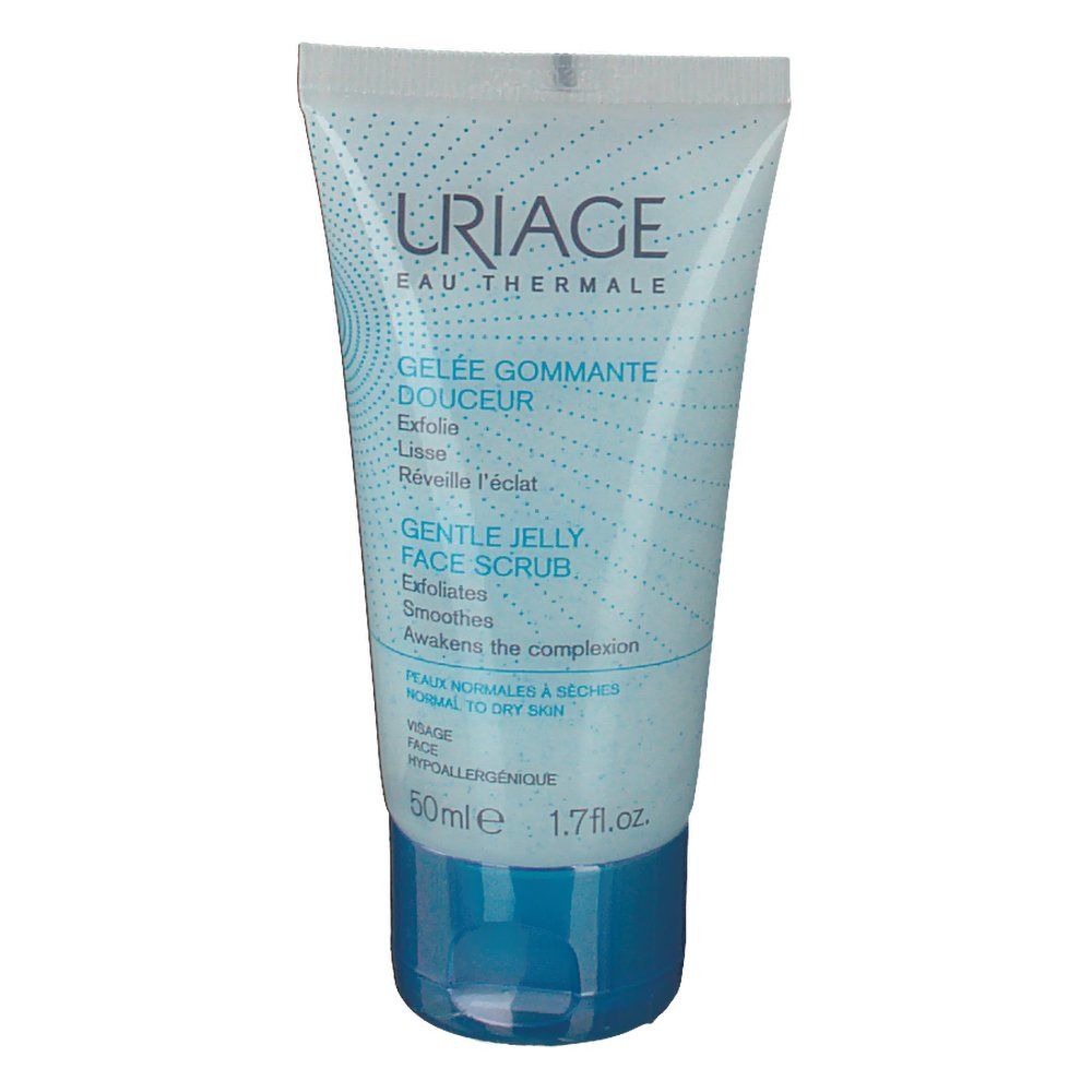 Tube bleu clair avec bouchon blanc. Inscription: Uriage, Gelée Gommante Douceur, Gentle Jelly Face Scrub. 50ml.
