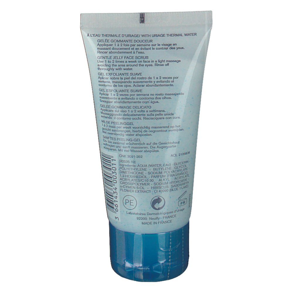 Dos du tube. Texte en plusieurs langues. Ingrédients et informations fabricant. Bouchon bleu.