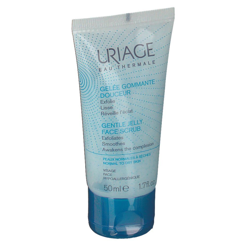 Tube bleu clair avec bouchon blanc. Inscription: Uriage, Gelée Gommante Douceur, Gentle Jelly Face Scrub. 50ml.