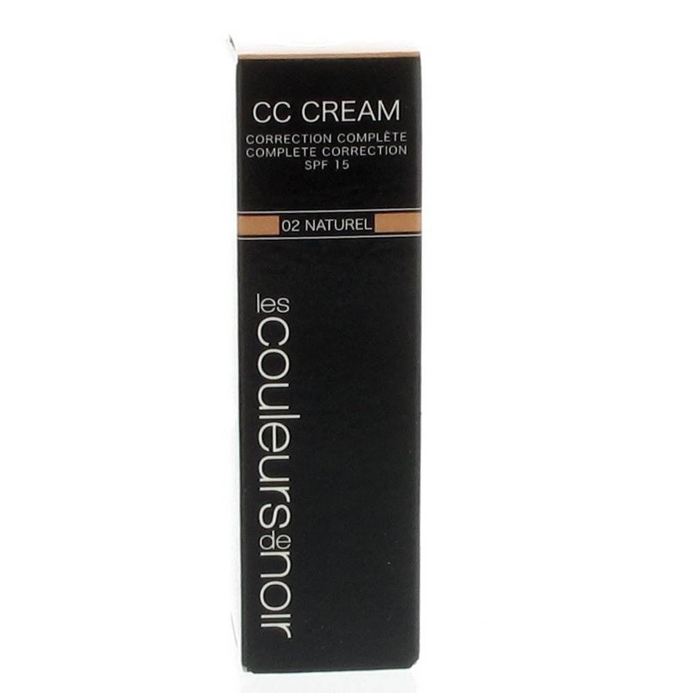 Schwarze Verpackung mit CC Cream. Text: Correction Complète, SPF 15. Farbton: 02 Naturel. Logo: Les Couleurs de Noir.