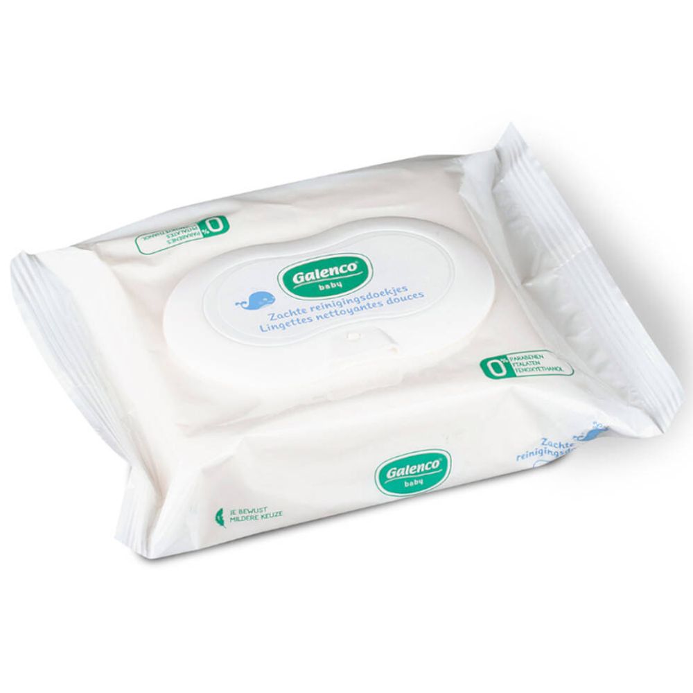 Paquet de lingettes. Couvercle ovale avec logo et texte. "Galenco baby" et "Zachte reinigingsdoekjes" sont visibles.