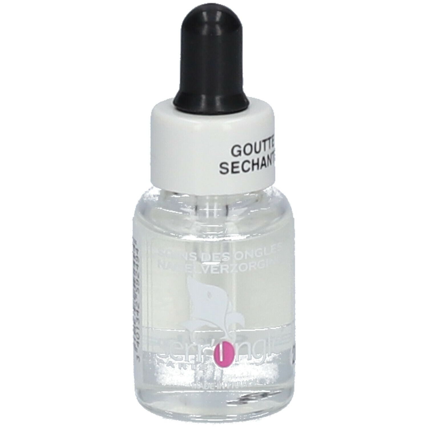 Flacon transparent avec compte-gouttes. Inscription: Goutte Séchante. Marque: Serr'Ongle. Contient un liquide clair.
