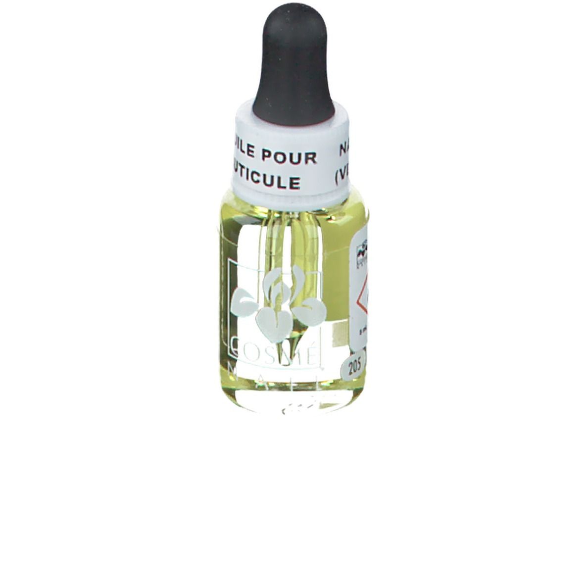 Klarflüssiges Öl in einer kleinen Glasflasche mit schwarzem Tropfer. Aufschrift: HUILE POUR CUTICULE. Logo mit Blume.