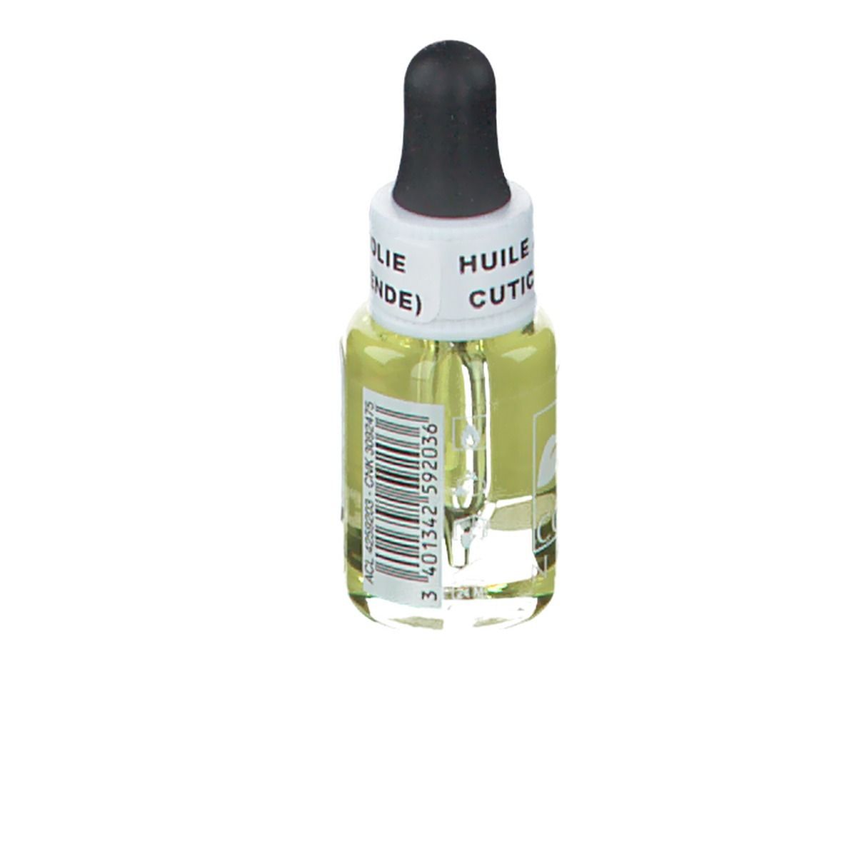 Glasflasche mit gelber Flüssigkeit und schwarzem Tropfer. Aufschrift: HUILE POUR CUTICULE. Barcode.