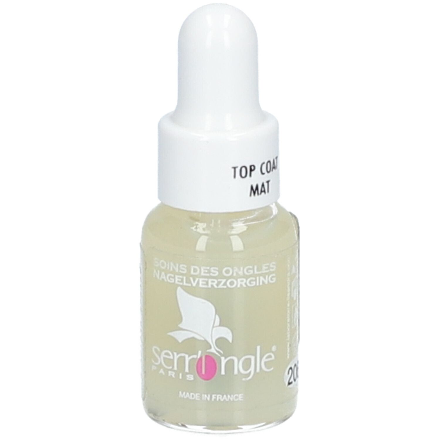 Nagellackflasche mit weißem Verschluss. Aufschrift: Top Coat Mat. Marke Serr'Ongle, Paris. Made in France.