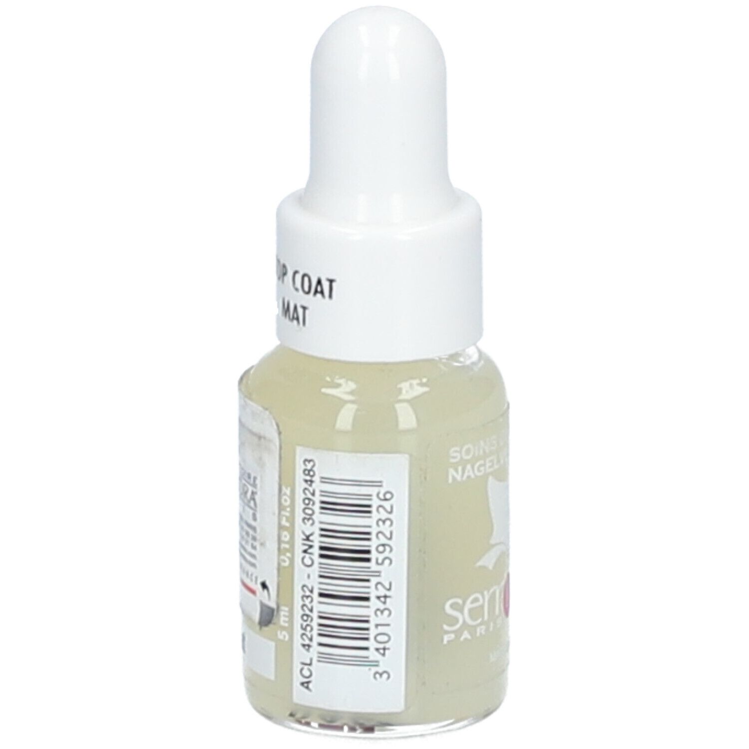 Nagellackflasche mit weißem Verschluss. Aufschrift: Top Coat Mat. Marke Serr'Ongle, Paris. Barcode und weitere Informationen.