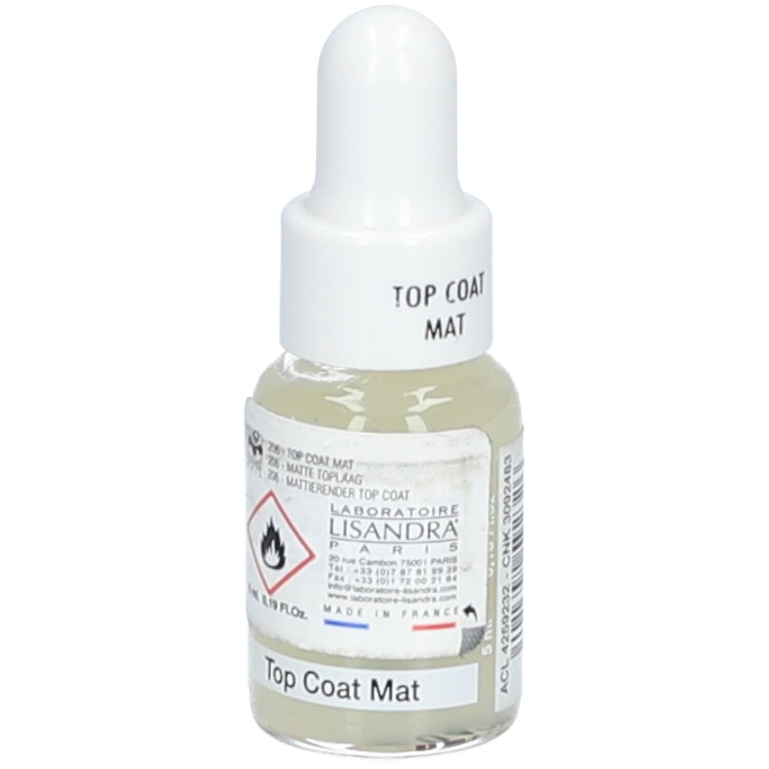 Nagellackflasche mit weißem Verschluss. Aufschrift: Top Coat Mat. Marke Lisandra Paris. Gefahrensymbol: Flamme.