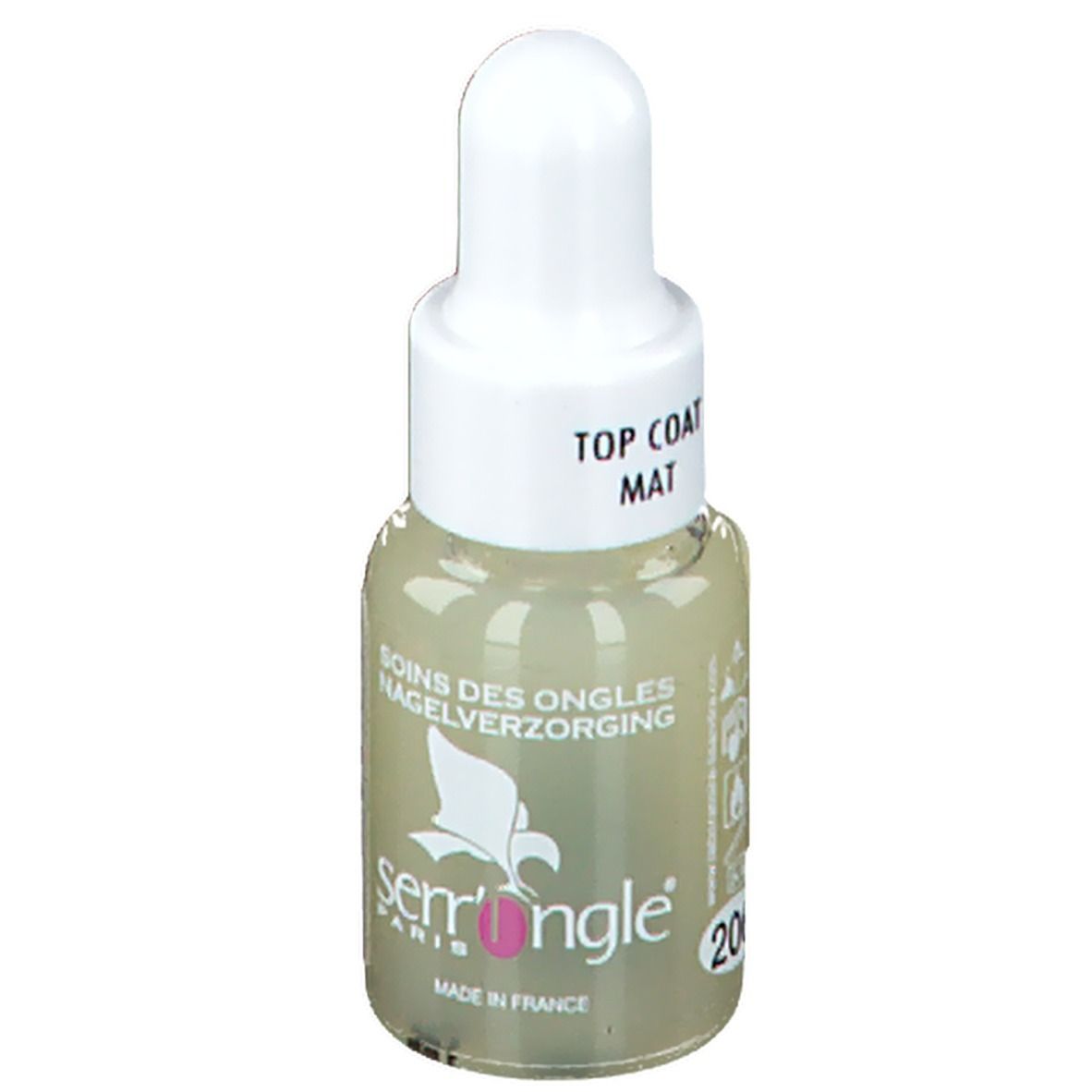 Nagellackflasche mit weißem Verschluss. Aufschrift: Top Coat Mat. Marke Serr'Ongle, Paris. Made in France.