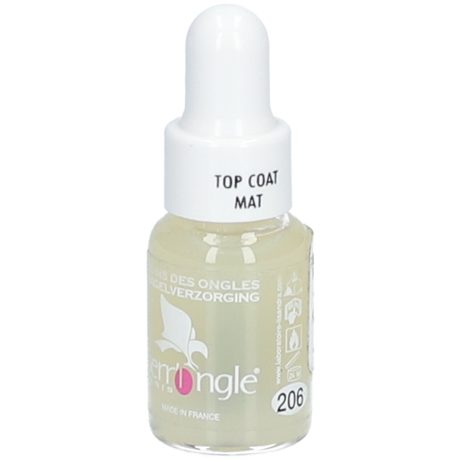 Nagellackflasche mit weißem Verschluss. Aufschrift: Top Coat Mat. Marke Serr'Ongle, Paris. Farbnummer 206.