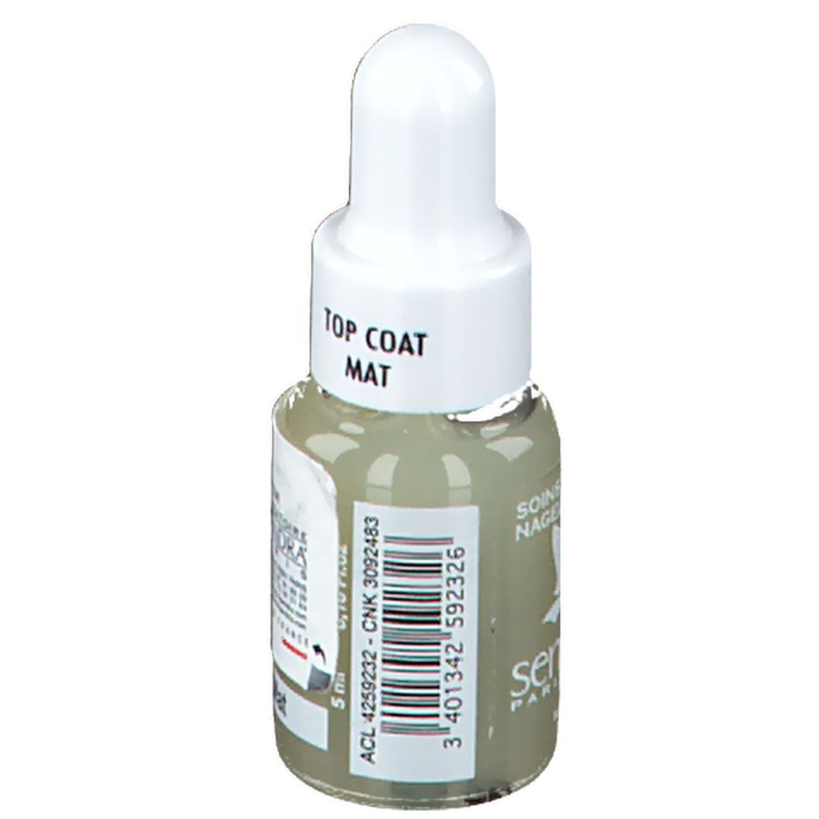 Nagellackflasche mit weißem Verschluss. Aufschrift: Top Coat Mat. Farbnummer 206. Gefahrensymbol: Flamme.