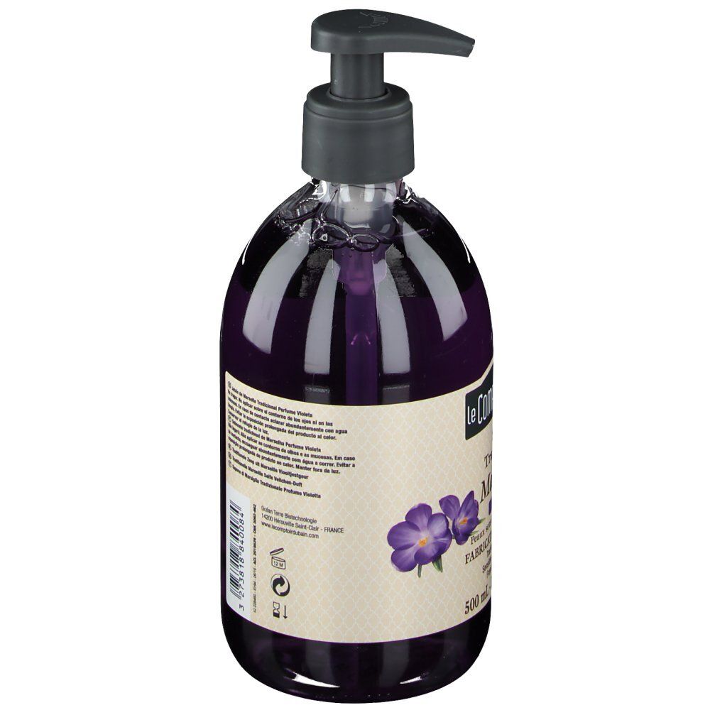 Seife mit Spender, leicht schräg. Aufschrift: Le Comptoir du Bain, Savon de Marseille. Text in mehreren Sprachen.