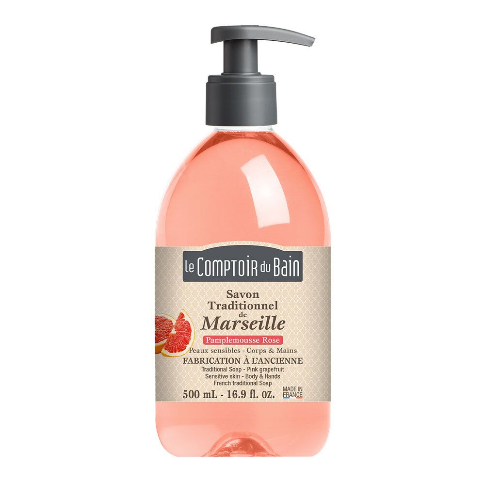 Rosa Flüssigseife mit Spender. Aufschrift: Le Comptoir du Bain, Savon de Marseille, Pamplemousse Rose. 500 ml.