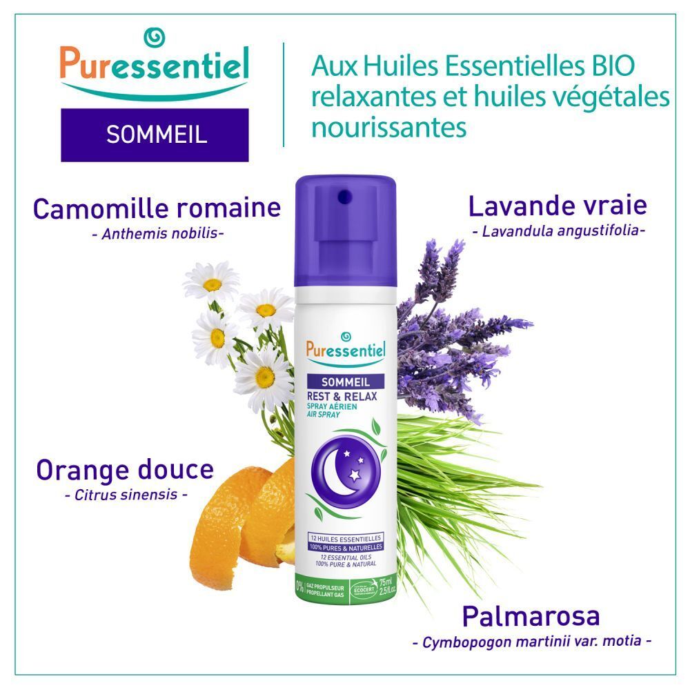 Puressentiel Spray aux 12 huiles essentielles, entouré de lavande et jasmin.