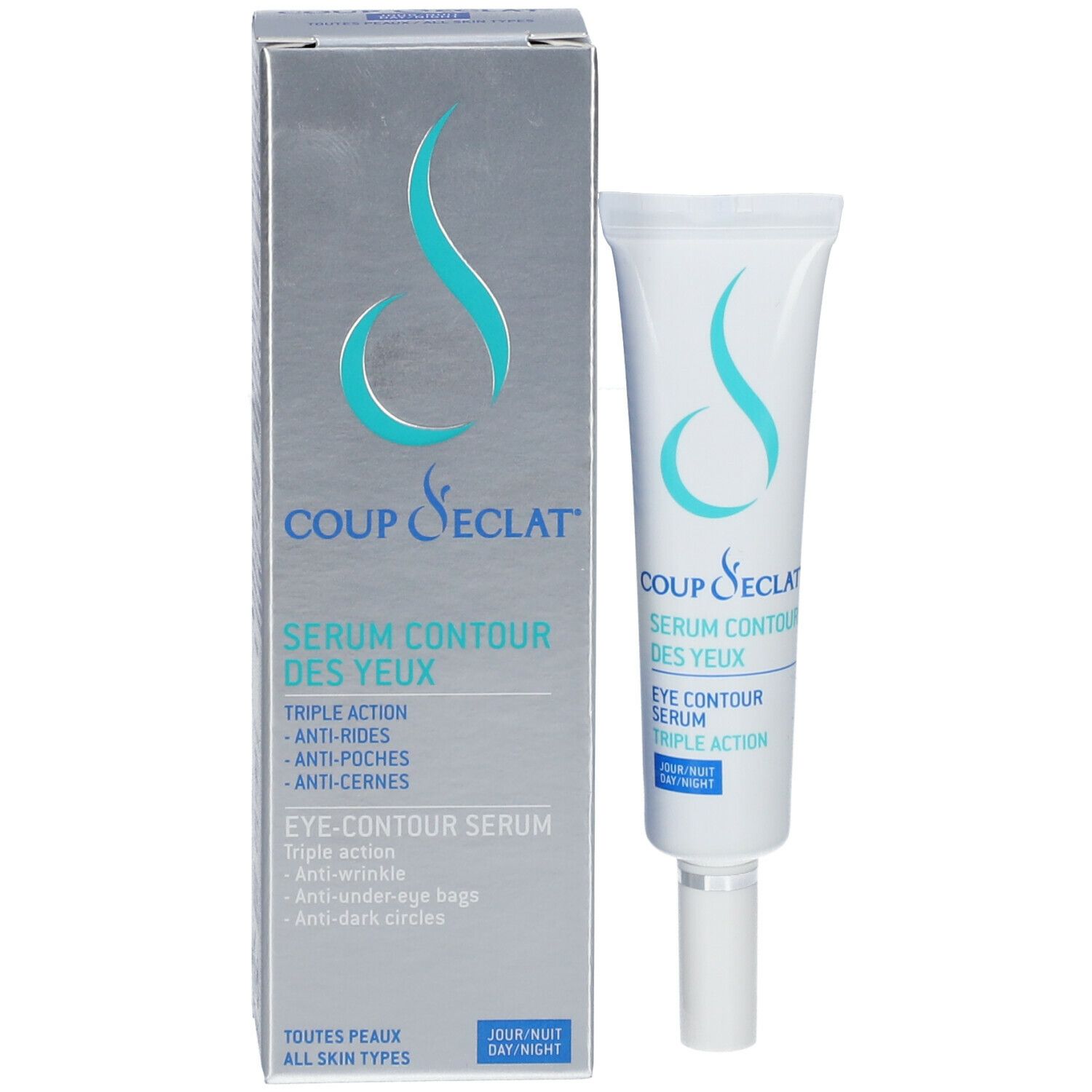 Produktverpackung und Tube. Auf der Verpackung: Coup d'Eclat, Serum Contour des Yeux. Auf der Tube: Eye Contour Serum.