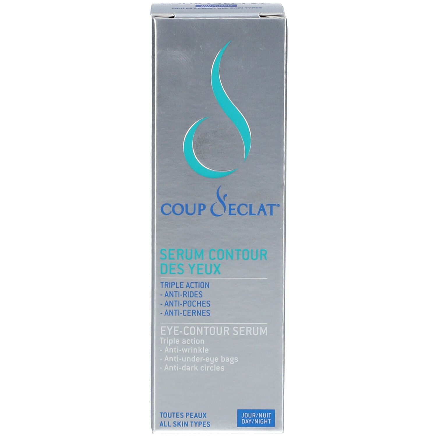 Silberne Produktverpackung. Text: Coup d'Eclat, Serum Contour des Yeux, Eye-Contour Serum.