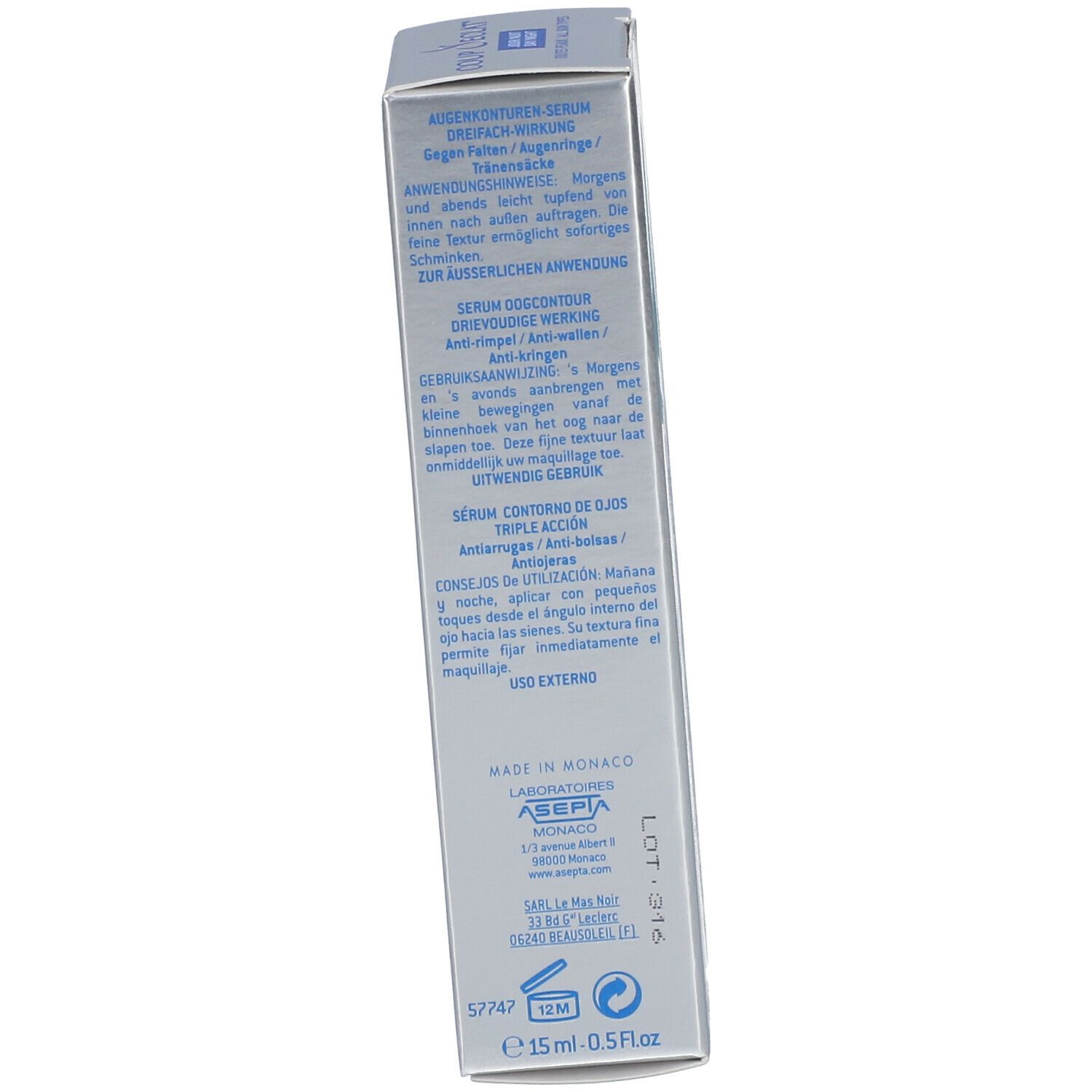 Produktverpackung, Rückseite. Text: Serum Contour des Yeux, Anwendungshinweise, 15 ml.