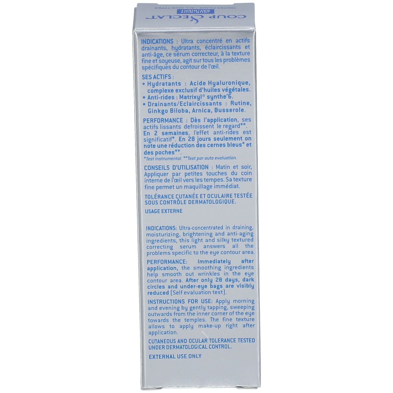 Produktverpackung, Text: Indikationen, Inhaltsstoffe, Anwendungshinweise, dermatologisch getestet.