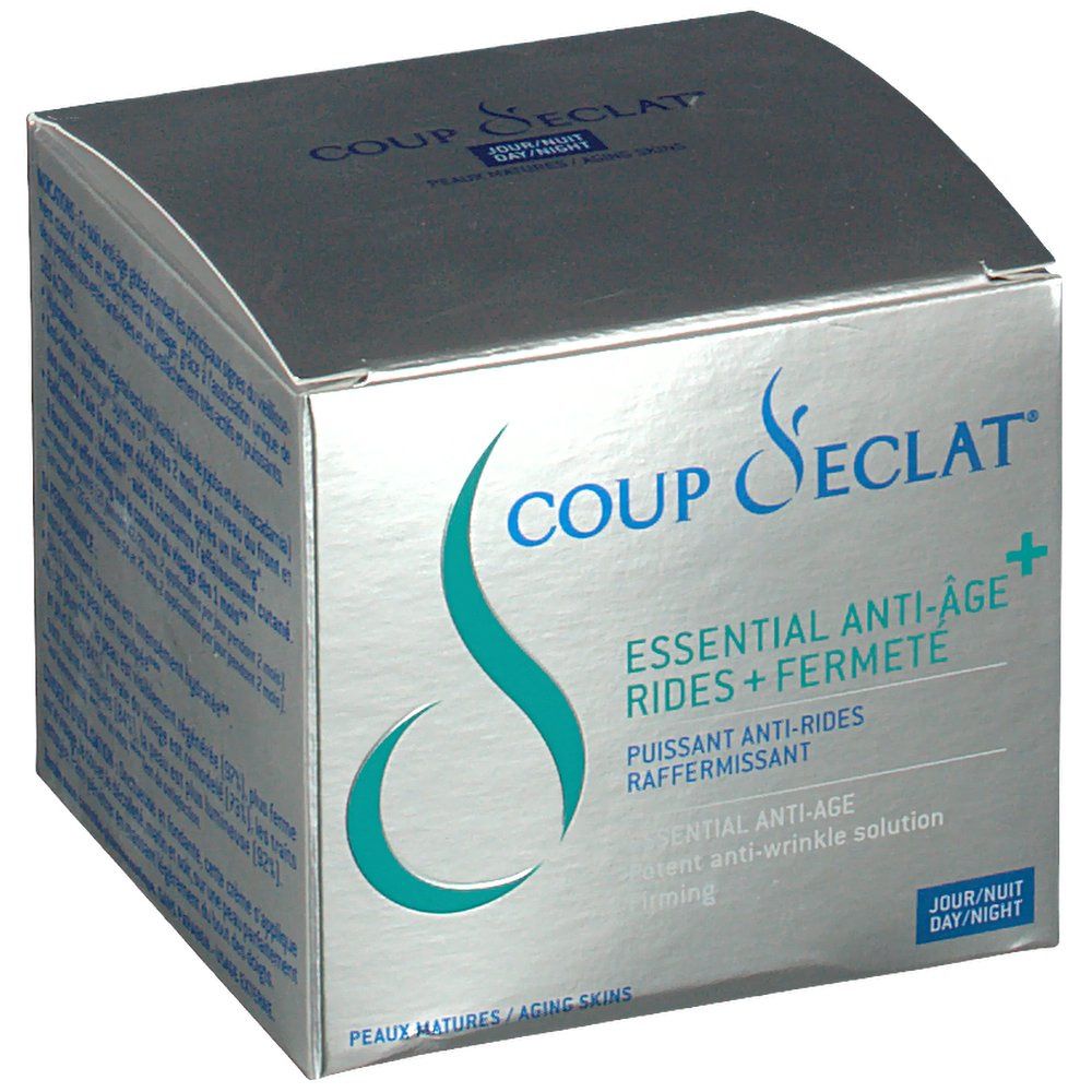 Silberne Faltschachtel mit Coup d'Eclat Logo und Produktbezeichnung. Text: Essential Anti-Age, RIDES + FERMETE. Für reife Haut.