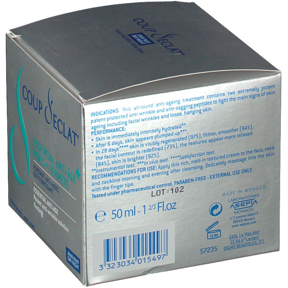 Rückseite der Coup d'Eclat Faltschachtel. Text: Anti-Age Creme, Inhaltsstoffe, Anwendungshinweise, Chargennummer, Barcode, 50 ml.