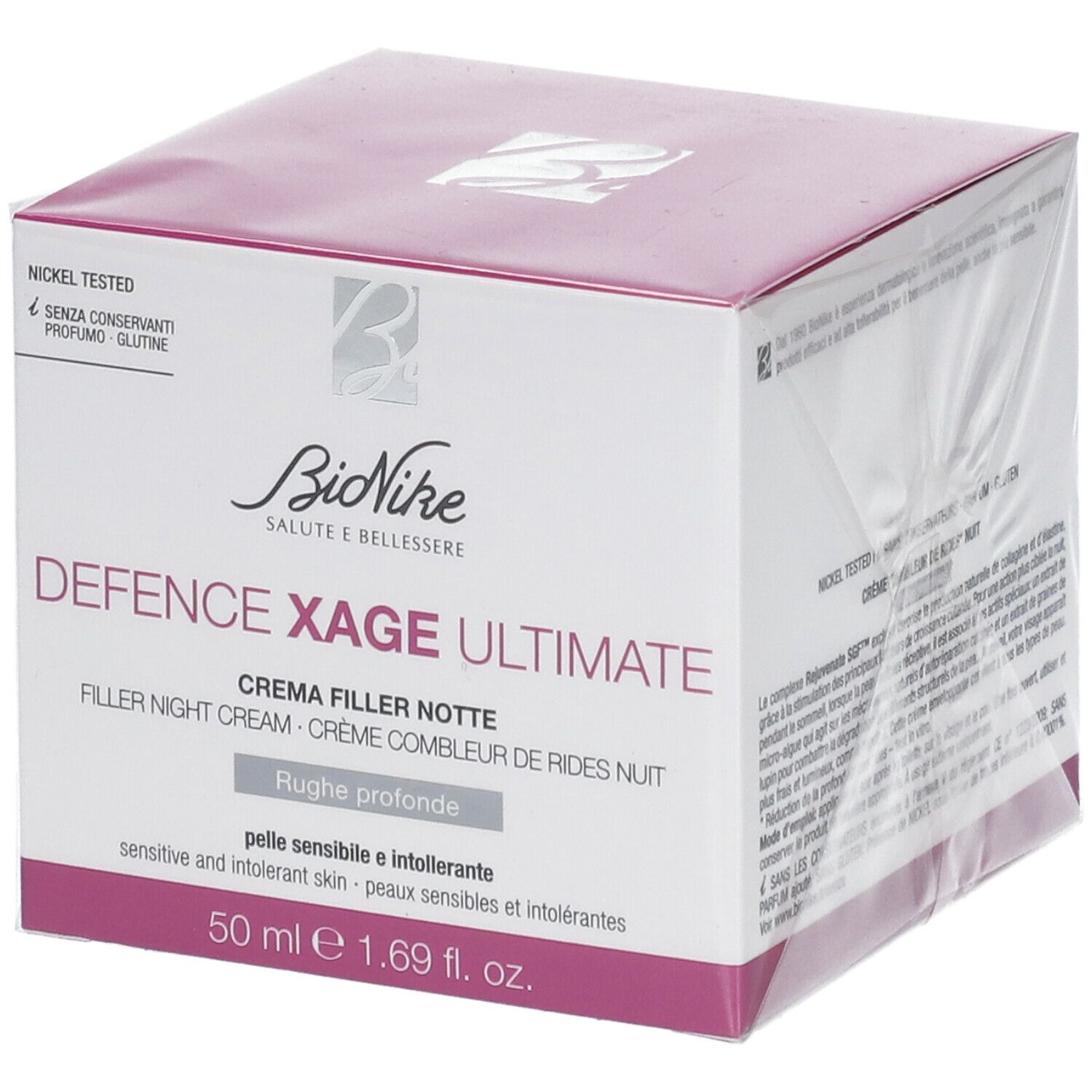 BioNike DEFENCE XAGE Ultimate Nachtcreme-Verpackung. Rosa-weiße Schachtel mit Produktnamen und Logo. Nickel getestet.