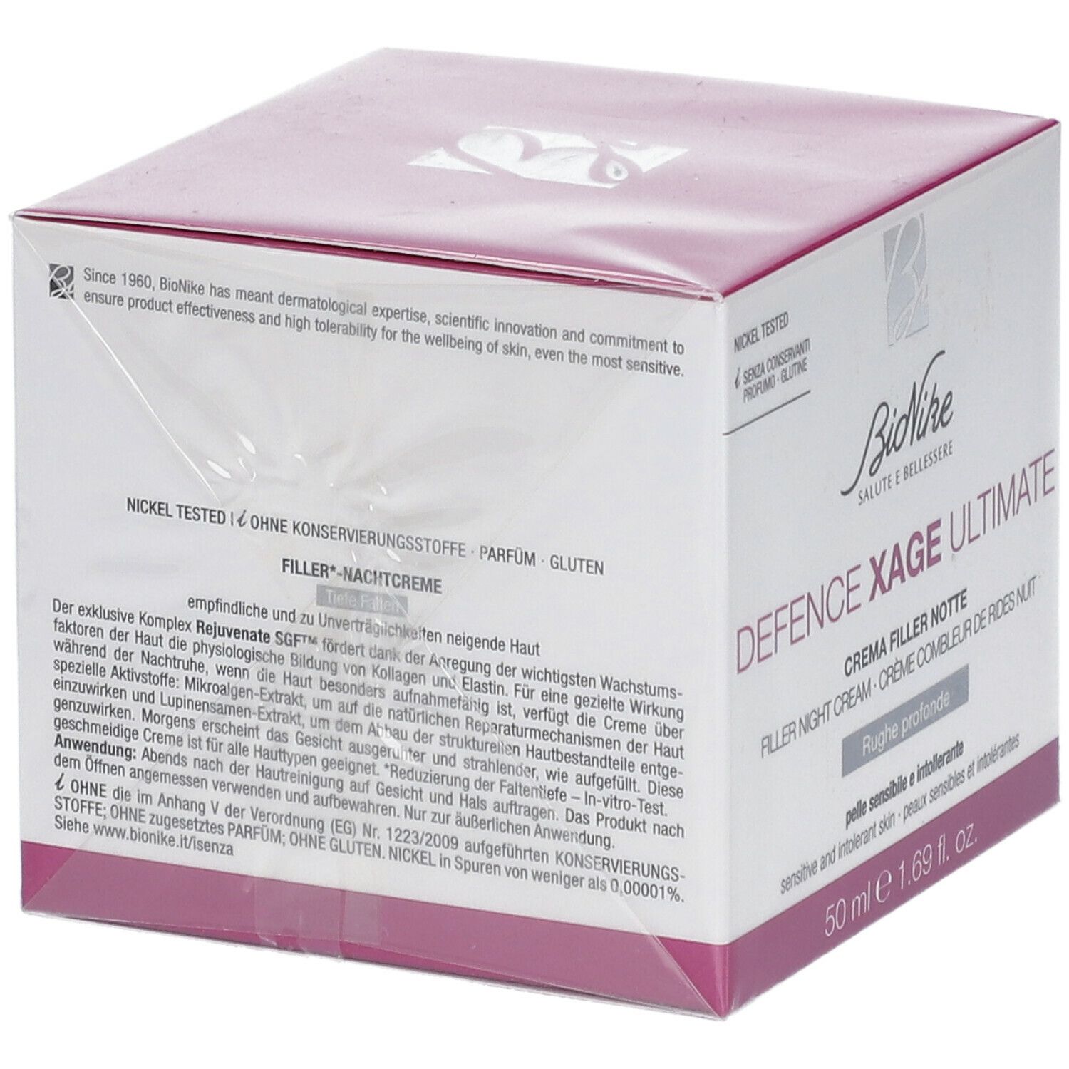 BioNike DEFENCE XAGE Ultimate Nachtcreme-Verpackung. Rückseite der Schachtel mit Text. Nickel getestet, ohne Konservierungsstoffe.