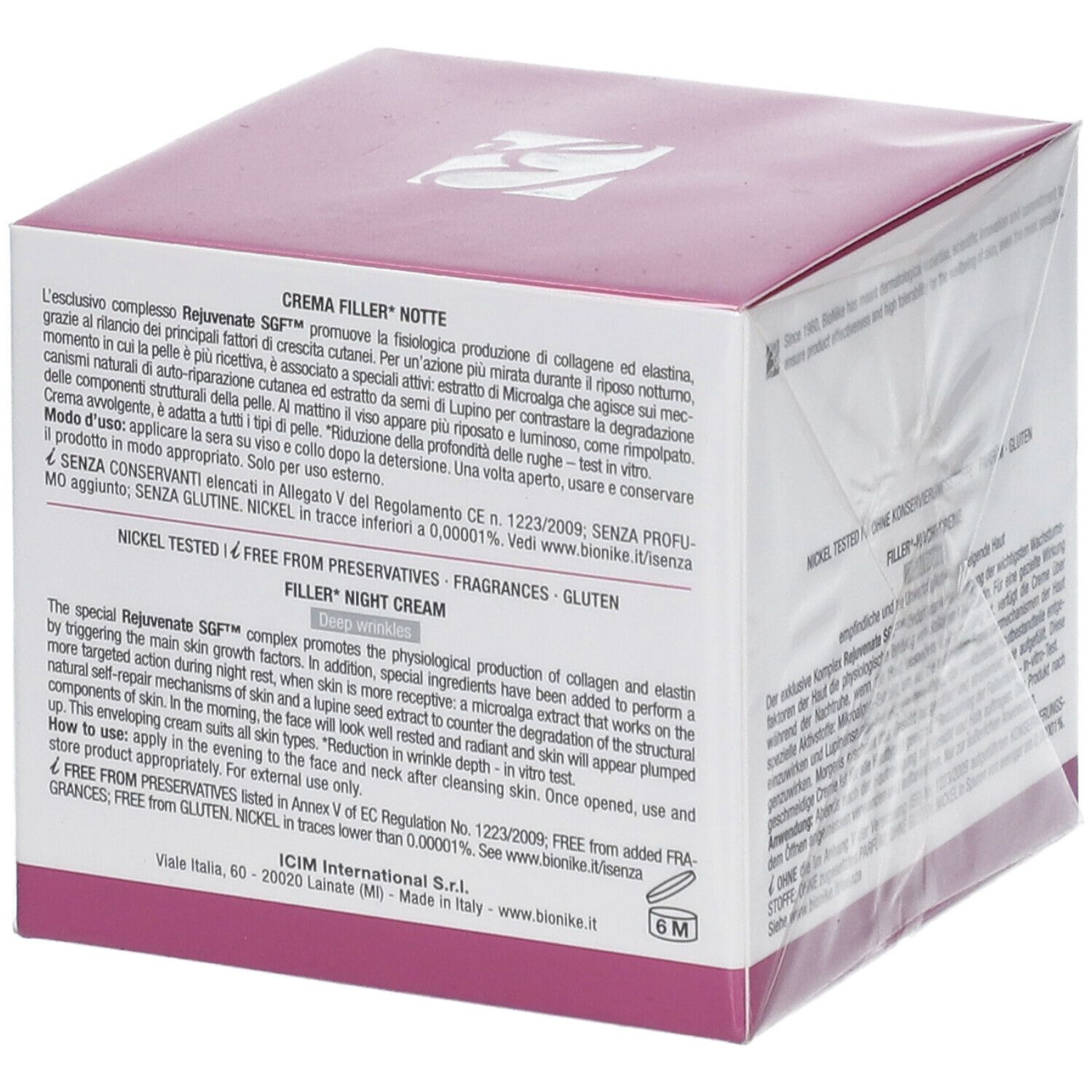BioNike DEFENCE XAGE Ultimate Nachtcreme-Verpackung. Detailansicht der Rückseite mit Text. Ohne Konservierungsstoffe, Parfüm, Gluten.