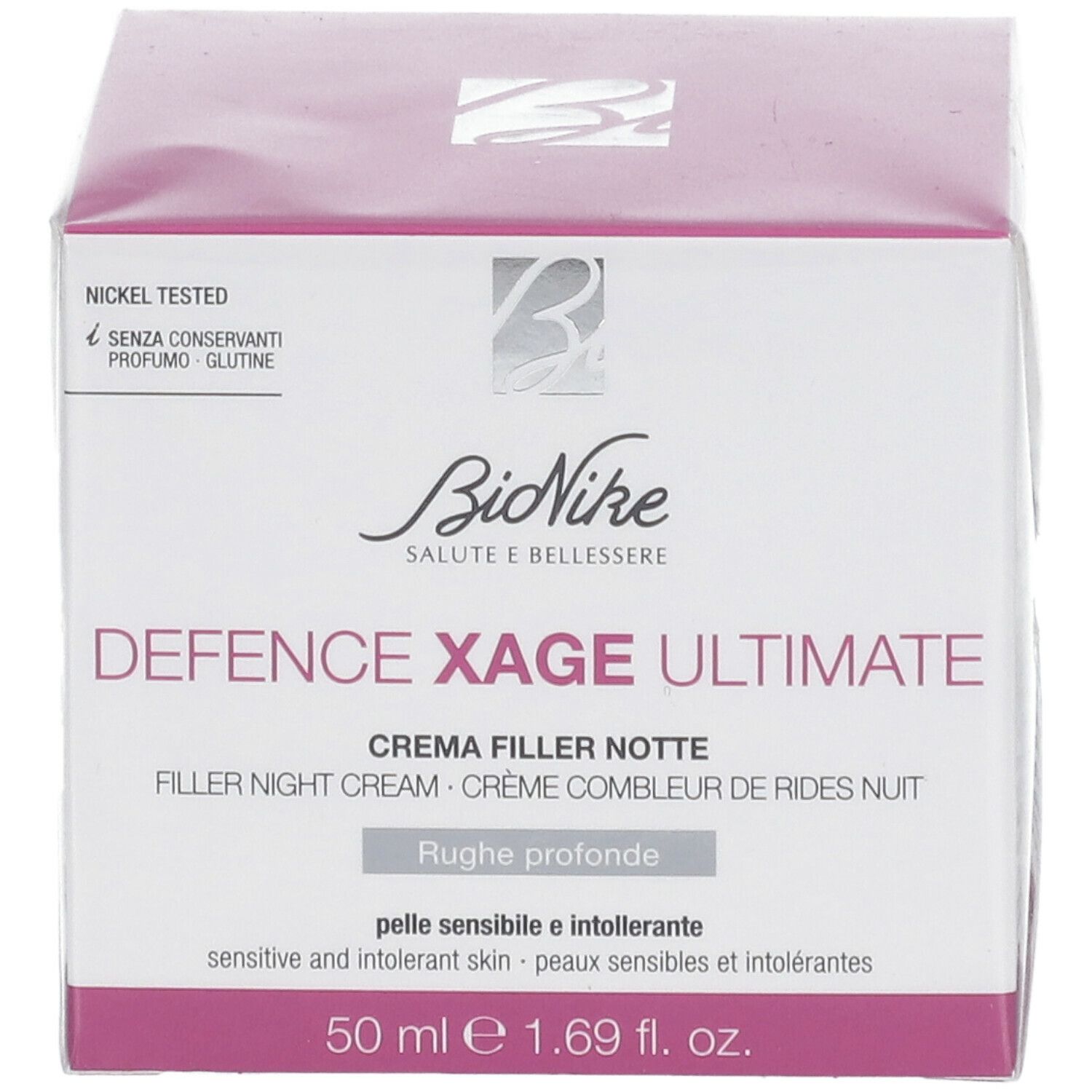 BioNike DEFENCE XAGE Ultimate Nachtcreme-Verpackung. Rosa-weiße Schachtel mit Produktnamen und Logo. Nickel getestet.
