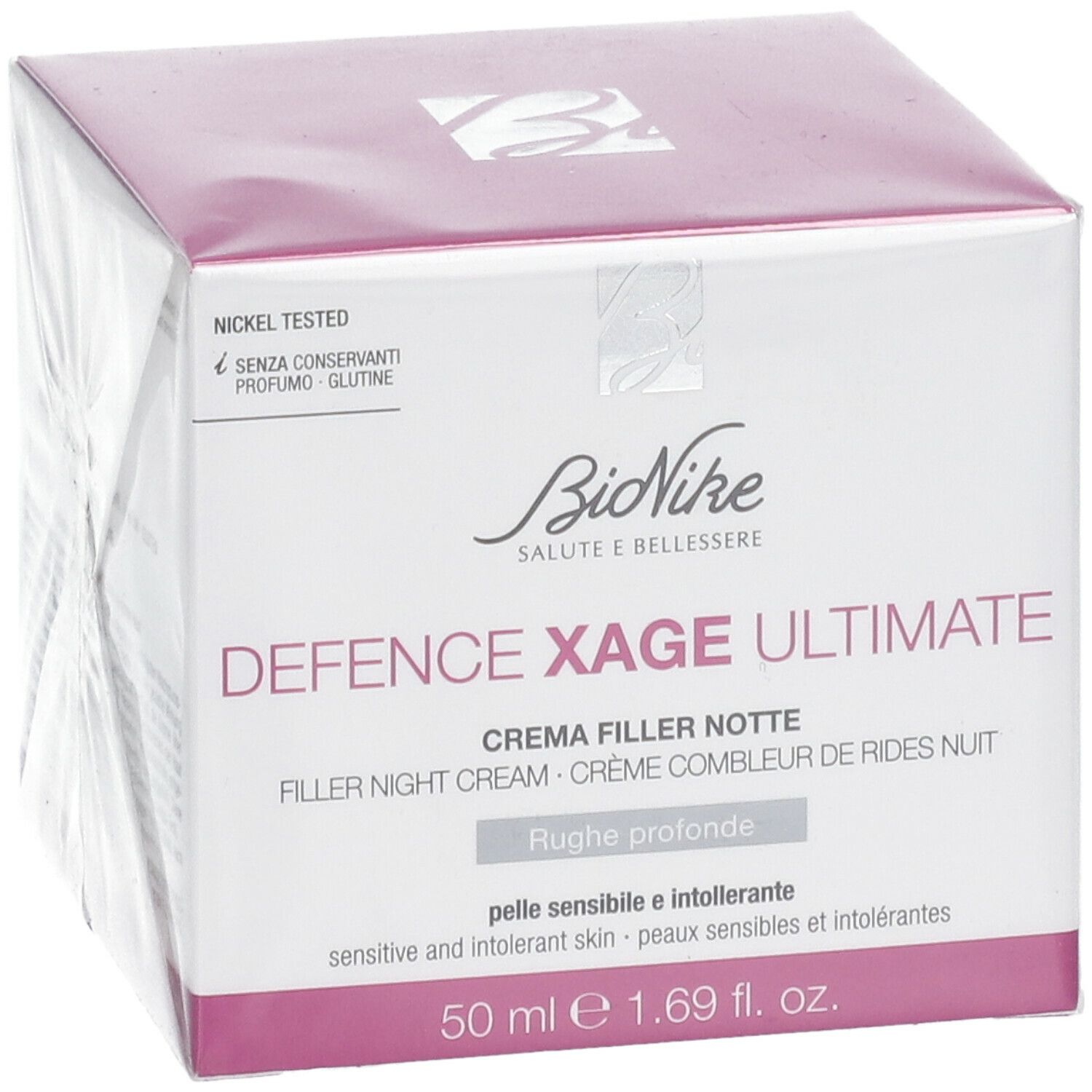 BioNike DEFENCE XAGE Ultimate Nachtcreme-Verpackung. Rosa-weiße Schachtel mit Produktnamen und Logo. Nickel getestet.