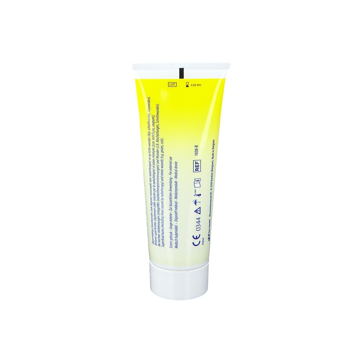 Rückseite einer Flamigel 100g Tube mit Anwendungshinweisen und CE-Kennzeichnung.