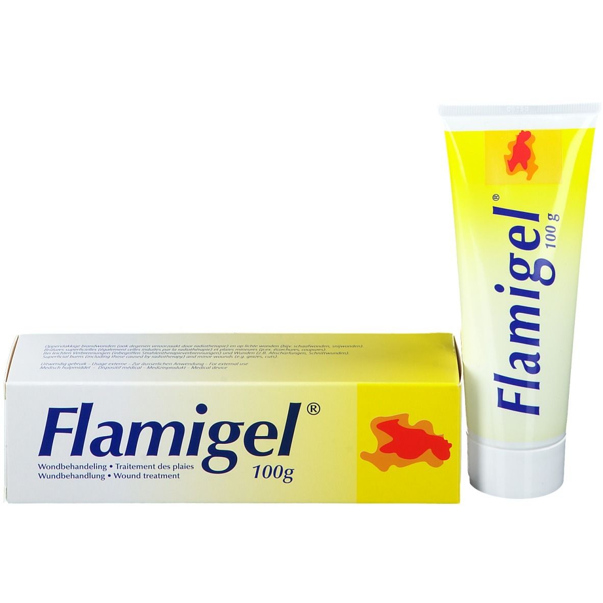 Flamigel 100g Tube und Faltschachtel mit gelbem Design und rotem Symbol.