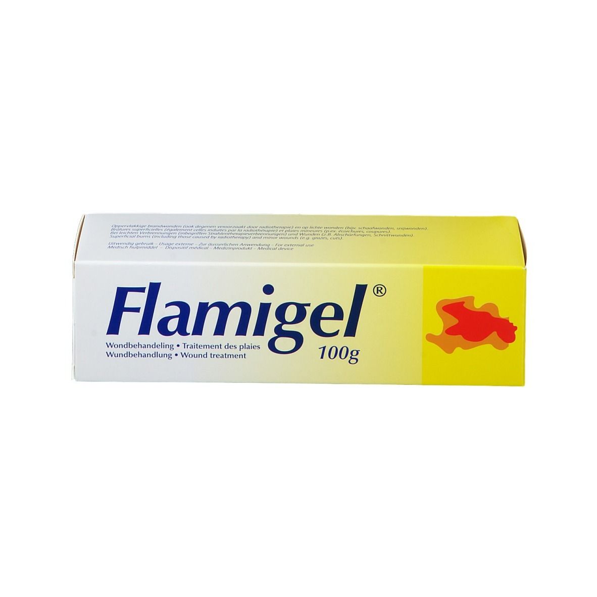 Flamigel 100g Faltschachtel mit gelbem Design und rotem Symbol.